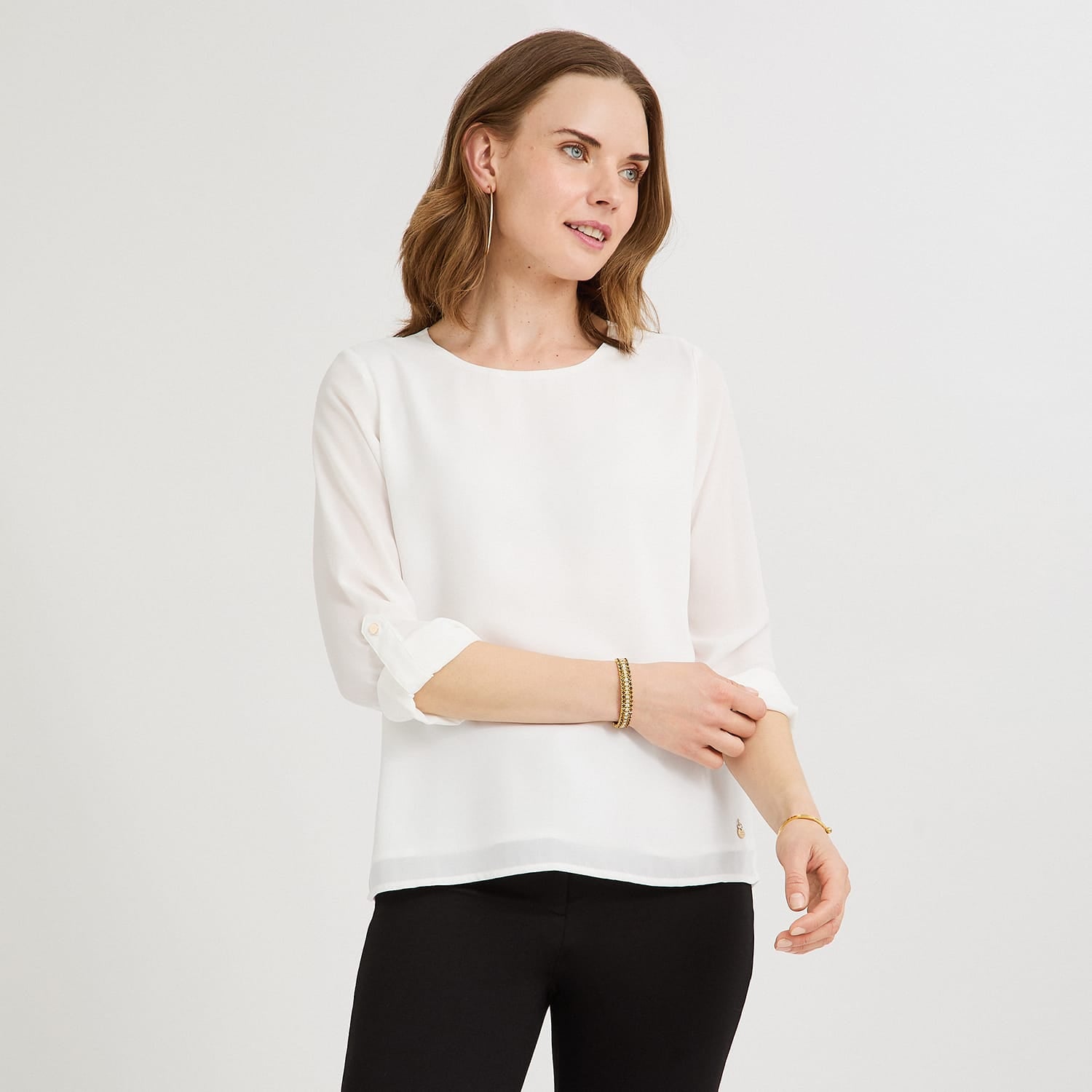 Blusa Lisa Escote Redondo Manga Roll Up Blanco
